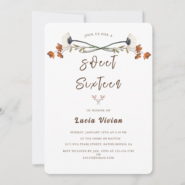 Invitation Elégante Royal Fleur sauvage Sweet 16 Anniversaire (Devant)