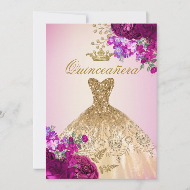 Invitation Elégante Royal Gold Bourgogne Rose Quinceanera (Dos)