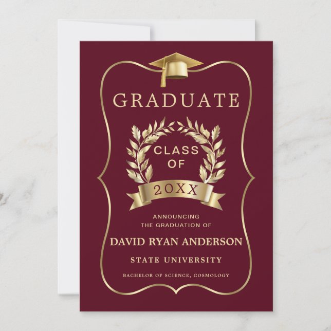 Invitation Élégante Royal Gold Burgundy Graduation Party (Devant)