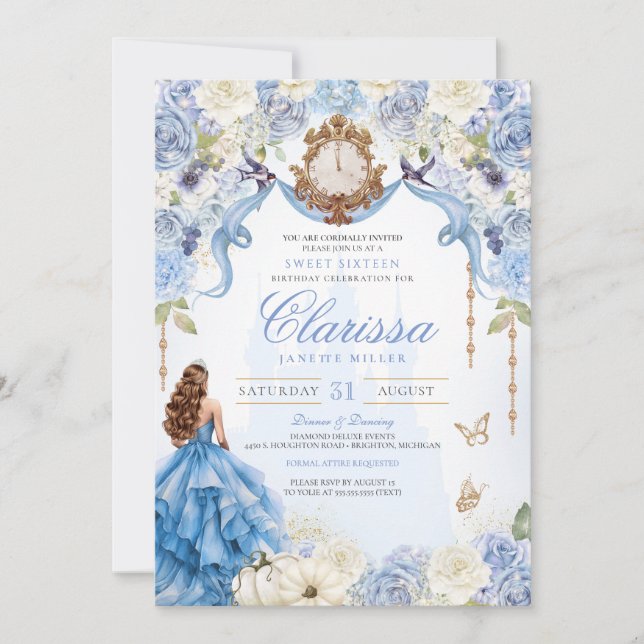 Invitation Élégante Royal Princess Light Blue Sweet 16 (Devant)