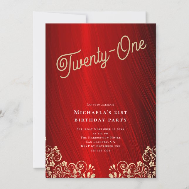 Invitation Elégante Ruby Red Gold tournoie 21ème anniversaire (Devant)