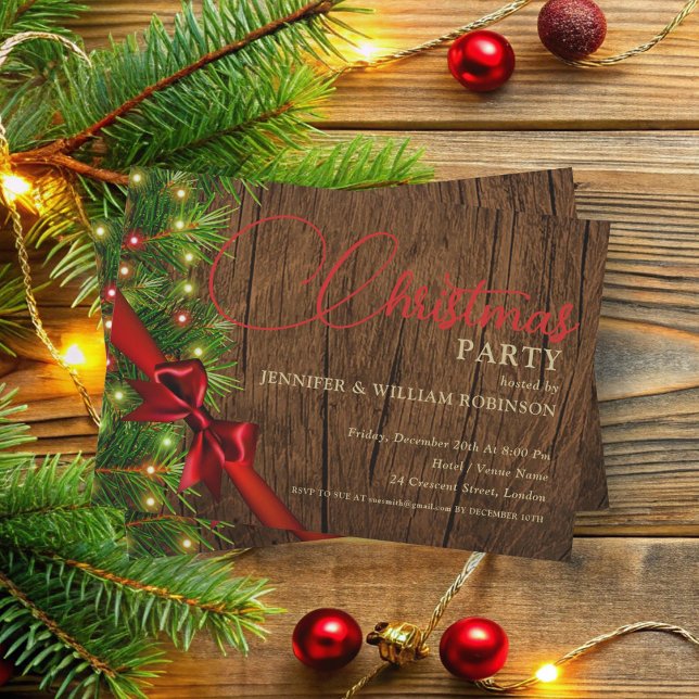 Invitation Élégante Rustique Ruban & Pine Xmas Fête (Elegant Rustic Ribbon & Pine Xmas Holiday Party Invitation)