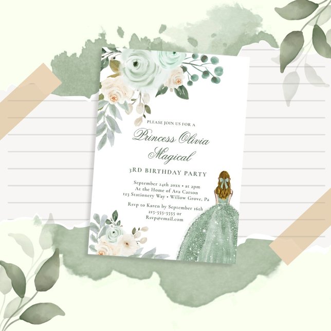Invitation Elégante Sage Green Floral Princess Anniversaire (Créateur téléchargé)