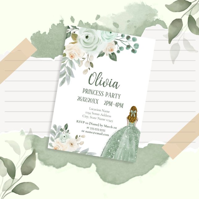 Invitation Élégante Sage Green Floral Princess Party (Créateur téléchargé)