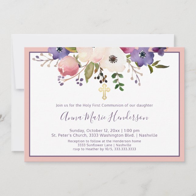 Invitation Élégante Sainte Première Communion Rose et Purple  (Devant)