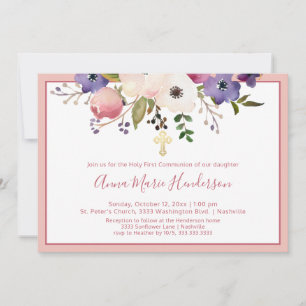 Invitation Élégante Sainte Première Communion Rose Floral Gir