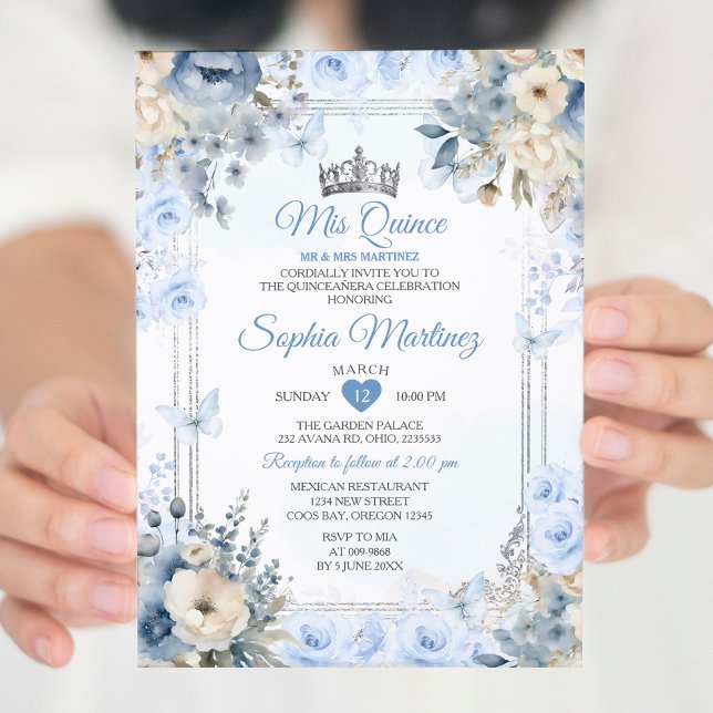 Invitation Elégante Silver & Dusty Blue Roses MIS QUINCE (Créateur téléchargé)
