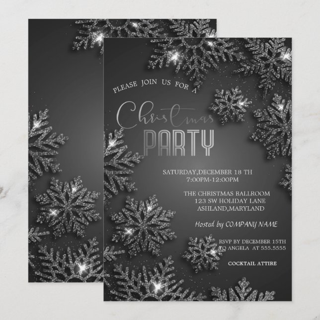 Invitation Elégante Silver Snowflakes Christmas Company (Devant / Derrière)
