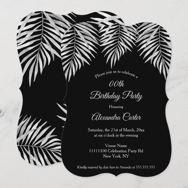 Invitation Elégante Simple palmiers gris noir fête d'annivers (Devant / Derrière)