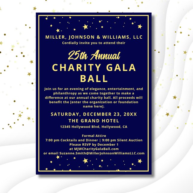 Invitation Elégante Société Charity Gala Ball Blue Gold (Elegant Charity Gala Ball Invitation, budget version with gold ink, dark blue background with stars.)