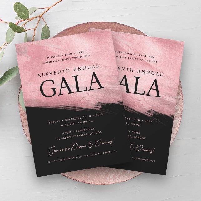 Invitation Elégante société GALA Rose Gold Brush Noir (Elegant GALA Company Rose Gold Brush Black Invitation)