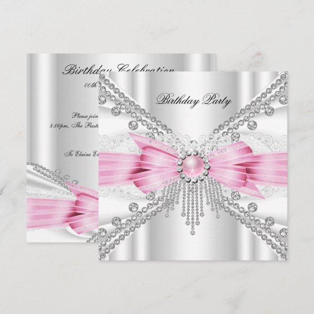 Invitation Élégante Soie blanche rose Diamant fête d'annivers (Devant / Derrière)