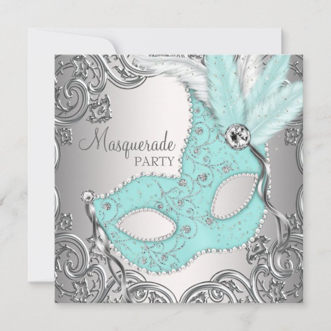 Invitation Élégante Soie Turquoise Blue Masquerade Party (Devant)