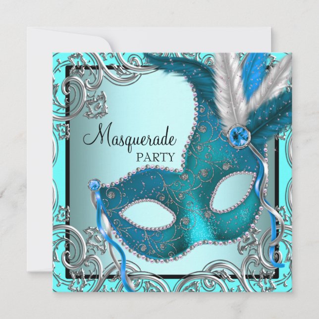Invitation Élégante Soie Turquoise Blue Masquerade Party (Devant)