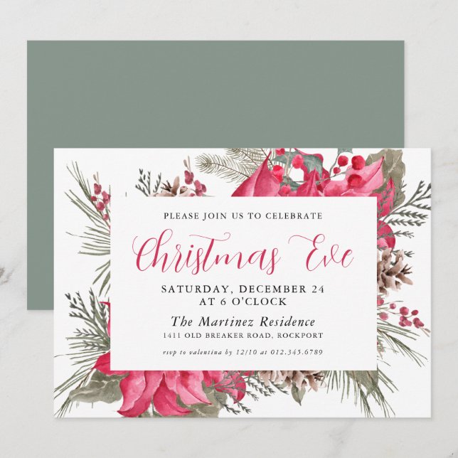 Invitation Elégante Soirée botanique de Noël Rouge Poinsettia (Devant / Derrière)