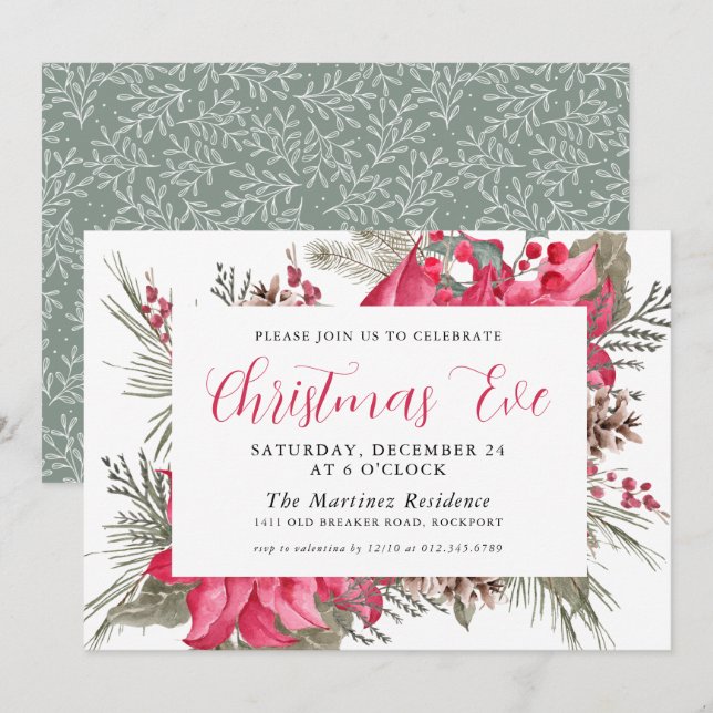 Invitation Elégante Soirée botanique de Noël Rouge Poinsettia (Devant / Derrière)