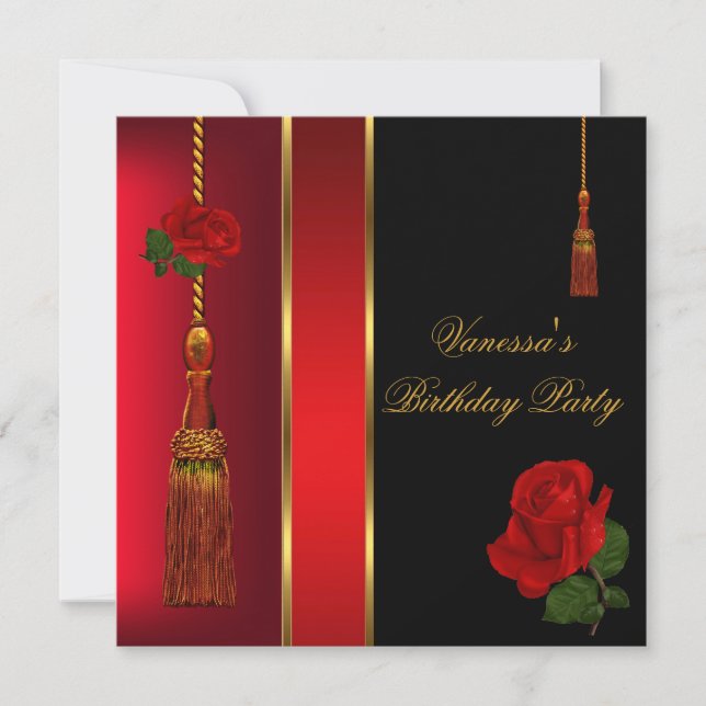 Invitation Élégante Soirée d'anniversaire Black Red Rose Gold (Devant)