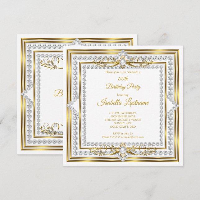 Invitation Elégante Soirée d'Anniversaire Diamond Gold White  (Devant / Derrière)
