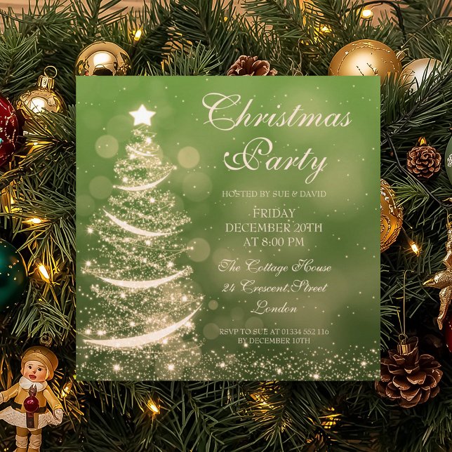 Invitation Élégante Soirée de Noël Vert & Or (Elegant Green & Gold Christmas Party Sparkle Invitation)