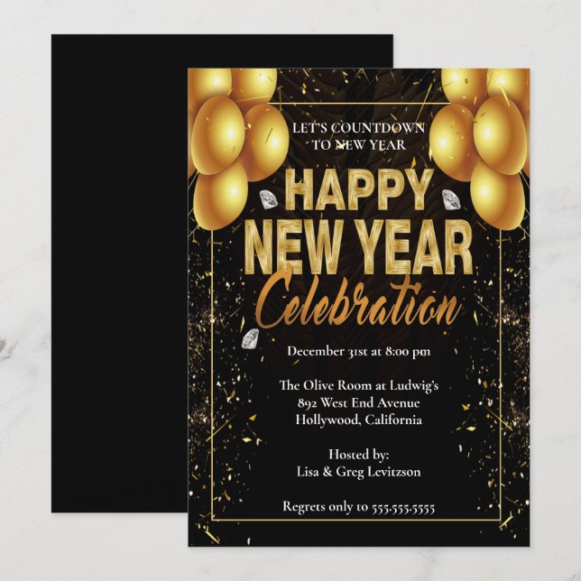 Invitation Élégante soirée de réveillon de Nouvel An des Ball (Devant / Derrière)