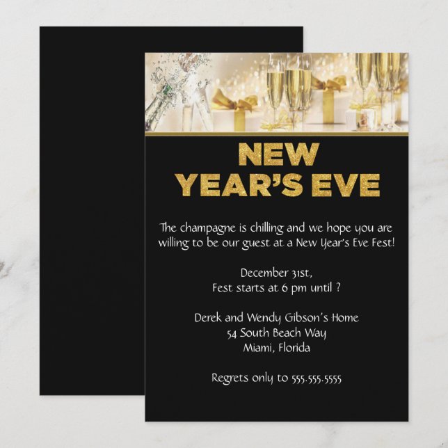 Invitation Élégante soirée de réveillon du Nouvel An noir (Devant / Derrière)