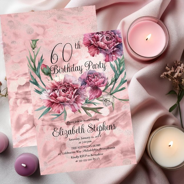 Invitation Elégante Soirée des oeillets roses 60e anniversair (Elegant Pink and Mauve Carnations 60th Birthday Party Invitation)