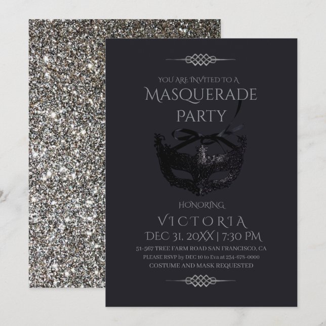 Invitation Elégante Soirée Mascarade Noire Argent Anniversair (Devant / Derrière)