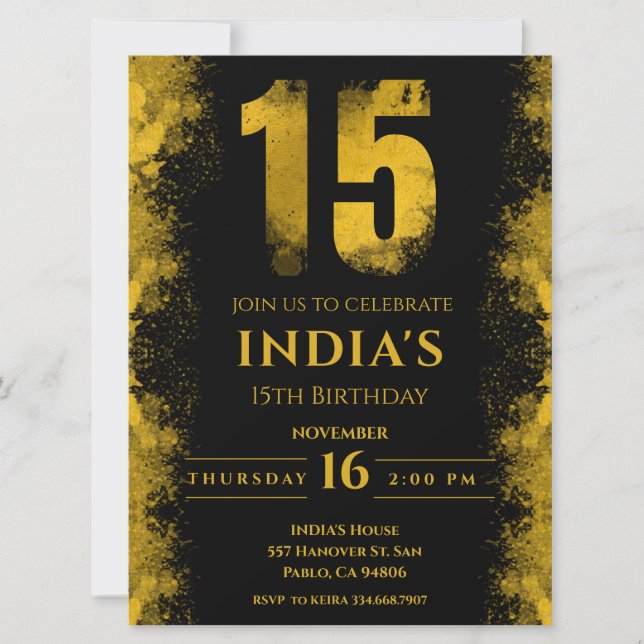 Invitation Élégante Soirée Noire et Or 15ème Anniversaire (Devant)