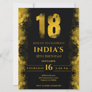 Invitation Élégante Soirée Noire et Or 18ème Anniversaire
