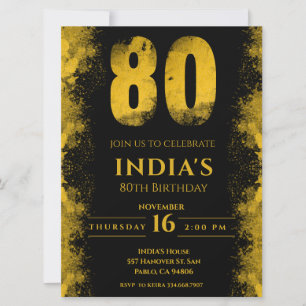 Invitation Elégante Soirée Noire et Or 80e Anniversaire