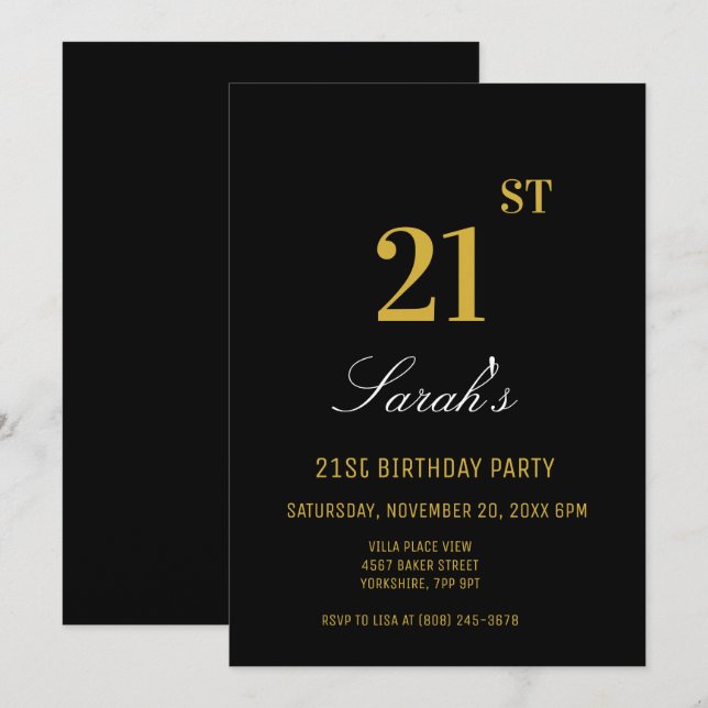Invitation Élégante Soirée Noire & Or 21e Anniversaire (Devant / Derrière)