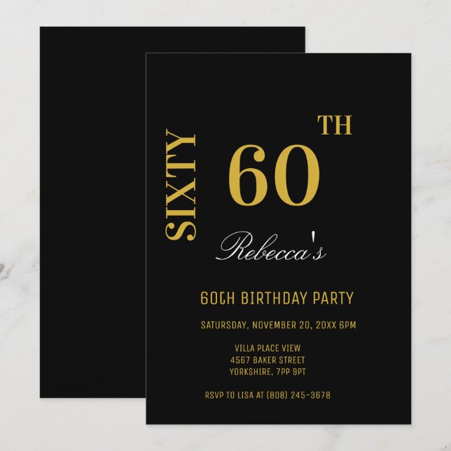 Invitation Élégante Soirée Noire & Or 60e Anniversaire (Devant / Derrière)