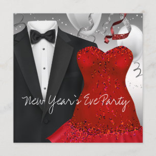 Invitation Élégante Soirée Robe Rouge Tuxedo Noir