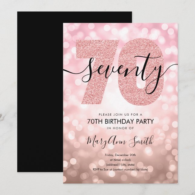 Invitation Elégante Soirée Rose Gold 70e anniversaire (Devant / Derrière)