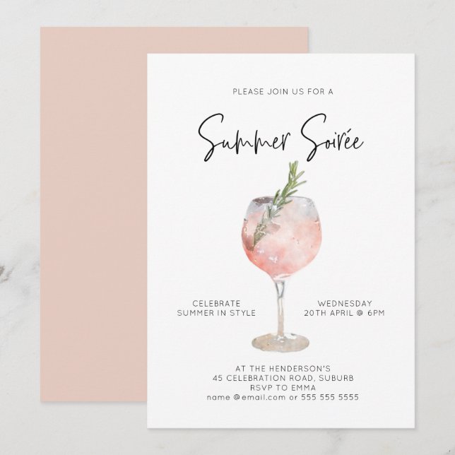 Invitation Élégante Soiree Summer Boissons Cocktail Party Ros (Devant / Derrière)
