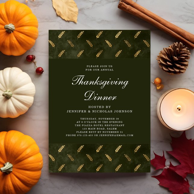 Invitation Élégante Soirée Thanksgiving Corn Vert (Elegant Green Corn Thanksgiving Dinner Party Invitation)