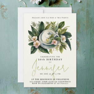 Invitation Elégante Soirée Thé Chic Anniversaire Floral Aquar