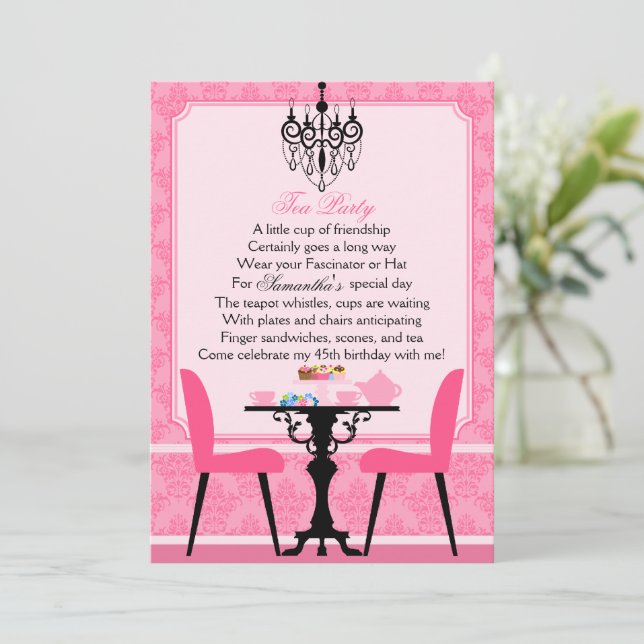 Invitation Elégante soirée thé d'anniversaire rose Damask (Debout devant)