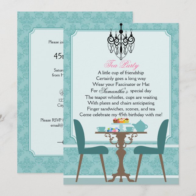 Invitation Elégante soirée thé d'anniversaire Turquoise Damas (Devant / Derrière)