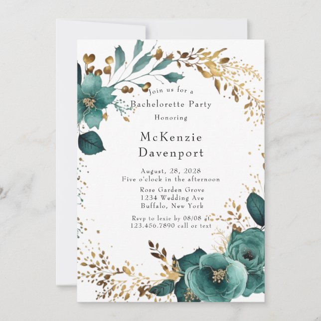 Invitation Élégante soirée Turquoise et or Floral Bachelorett (Devant)