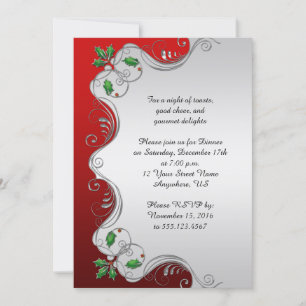 Invitation Élégante Soirée verte en argent rouge Holly fête d