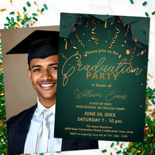 Invitation Élégante Soirée Verte et Gold avec photo