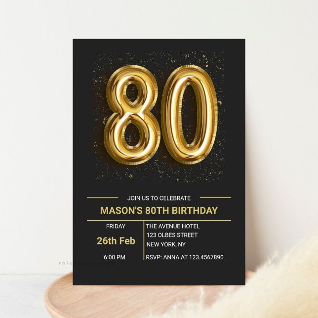 Invitation Elégante Soixante-dix Black Gold 80th Birthday Par (Editable 80th Birthday Invitation, Gold and Black, Elegant Eighty Invitation, Glitter Sparkle, 80 Ye)