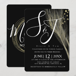Invitation Élégante Suite de Mariage Pampas Blanc Noir Feuill