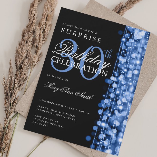 Invitation Elégante surprise 30e anniversaire Sparkles Navy (Elegant Surprise 30th Birthday Sparkles Navy Invitation)