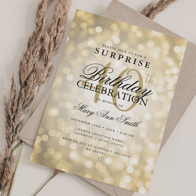 Invitation Élégante SURPRISE 40e anniversaire Glam Gold Light (Elegant SURPRISE 40th Birthday Glam Gold Lights Invitation)