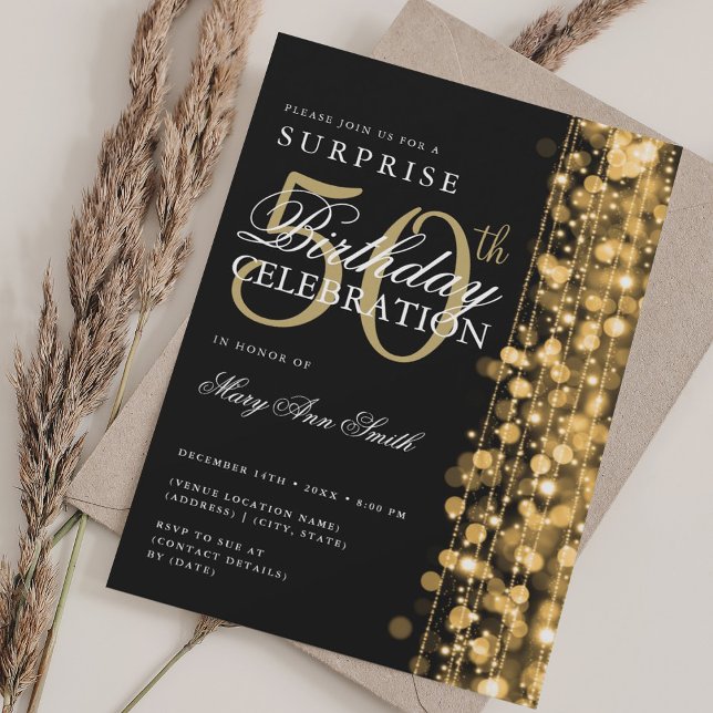 Invitation Elégante surprise 50e anniversaire étincelles or (Elegant Surprise 50th Birthday Sparkles Gold Invitation)