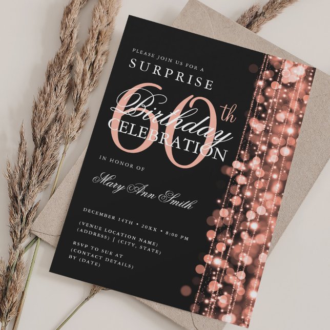 Invitation Élégante surprise 60e anniversaire Étincelles Rose (Elegant Surprise 60th Birthday Sparkles Rose Gold Invitation)
