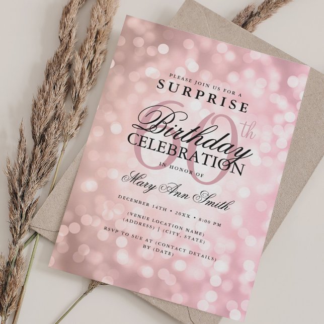 Invitation Élégante SURPRISE 60e anniversaire Rose Lumières o (Elegant SURPRISE 60th Birthday Rose Gold Lights Invitation)