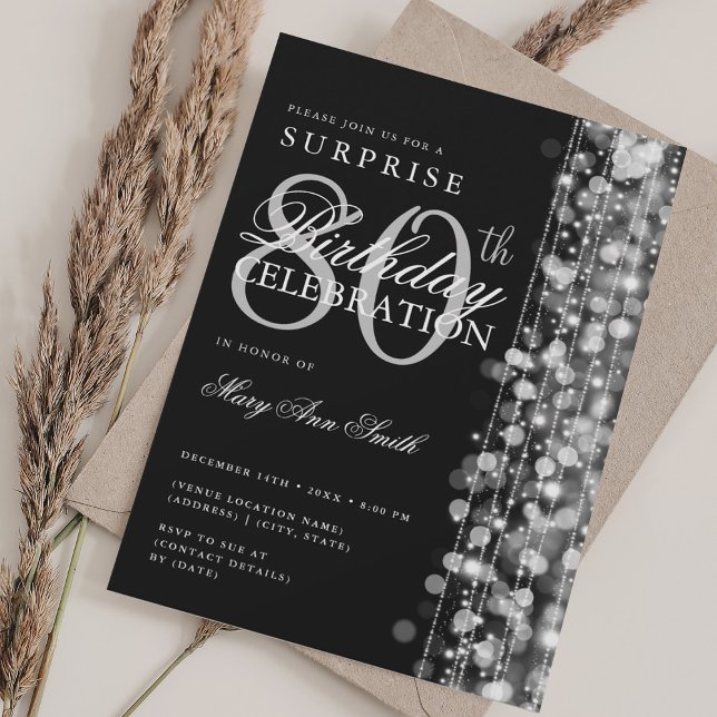 Invitation Elégante surprise 80e anniversaire étincelles Arge (Elegant Surprise 80th Birthday Sparkles Silver Invitation)